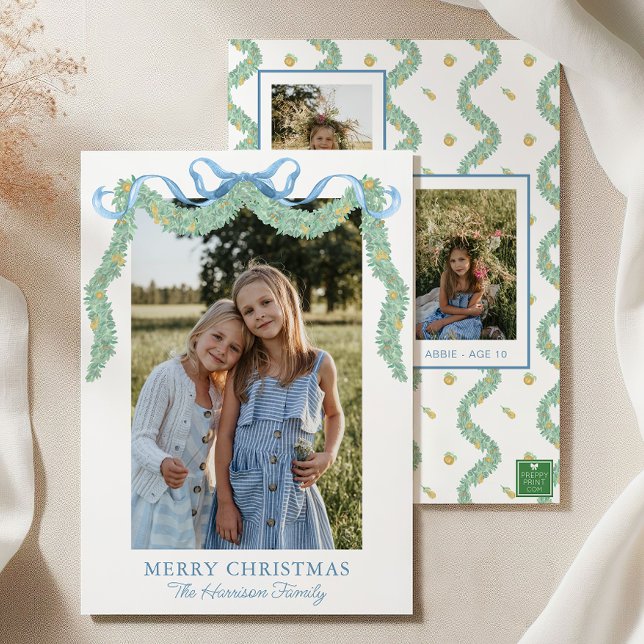 Watercolor Blue Bow Fruit Garland Christmas Photo Holiday Card (Creator Uploaded)