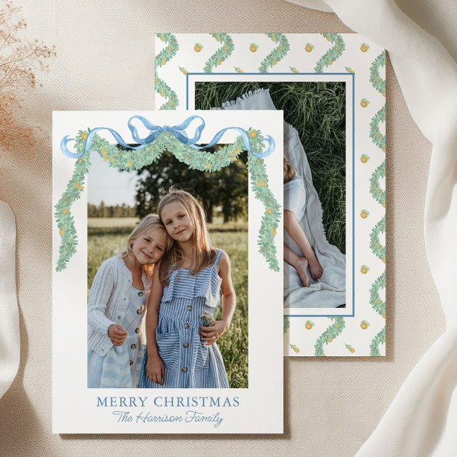 Watercolor Blue Bow Fruit Garland Christmas Photo Holiday Card (Creator Uploaded)