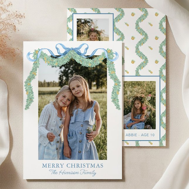 Watercolor Blue Bow Fruit Garland Christmas Photo Holiday Card (Creator Uploaded)