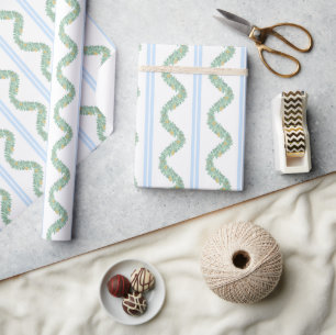 Watercolor Blue Bow Fruit Garland Christmas Wrapping Paper