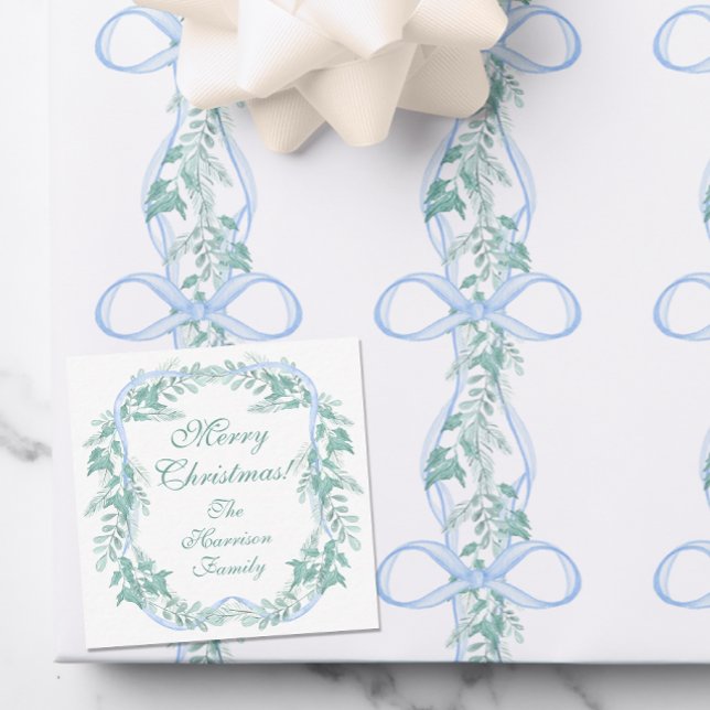 Watercolor Blue Bow Garland Christmas Gift Note Card (Creator Uploaded)