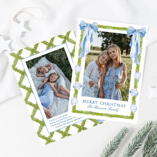 Watercolor Blue Bow Garland Christmas Photo Holiday Card