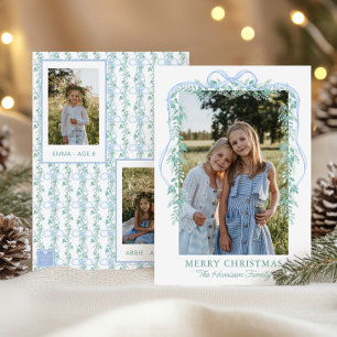 Watercolor Blue Bow Garland Christmas Photo Holiday Card