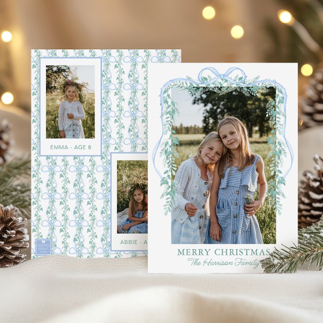 Watercolor Blue Bow Garland Christmas Photo Holiday Card (Creator Uploaded)