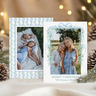 Watercolor Blue Bow Garland Christmas Photo Holiday Card
