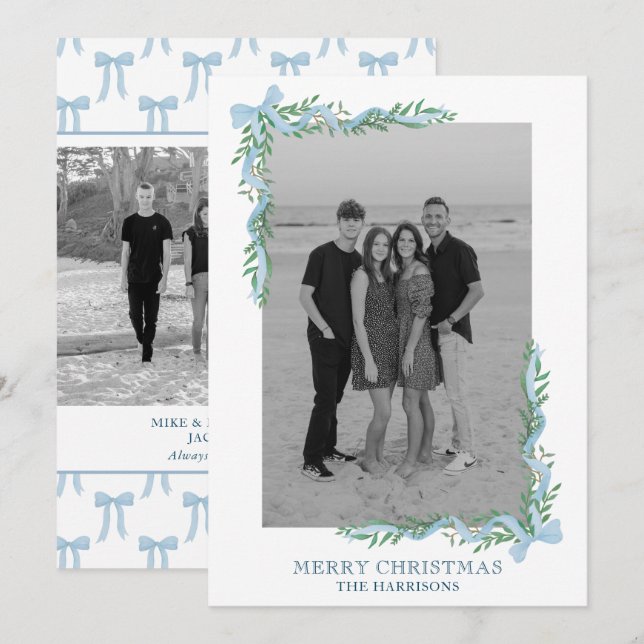 Watercolor Blue Bow Garland Photo Holiday Card (Front/Back)