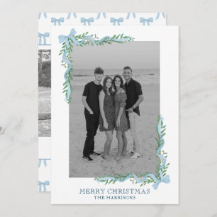 Watercolor Blue Bow Garland Photo Holiday Card