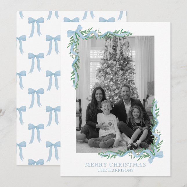 Watercolor Blue Bow Garland Photo Holiday Card (Front/Back)