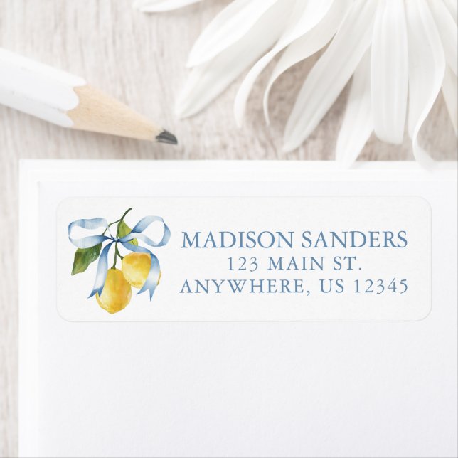 Watercolor Blue Bow Lemons Address Label (Insitu)