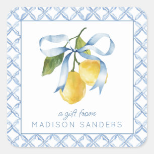 Watercolor Blue Bow Lemons Gift Square Sticker