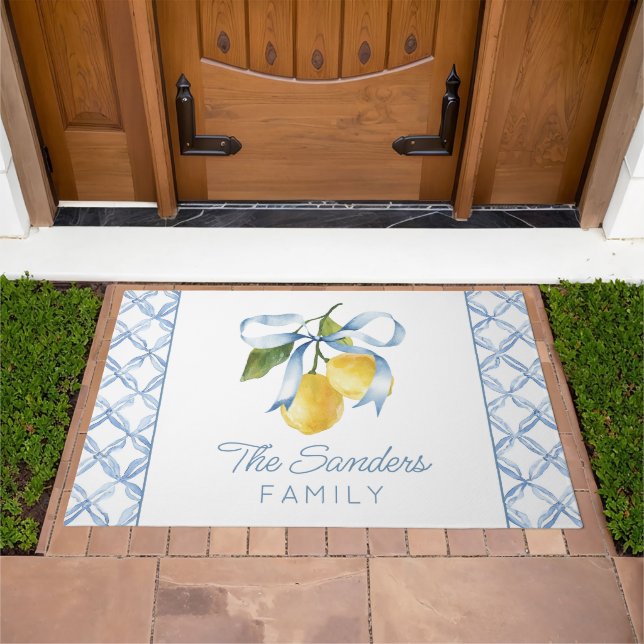 Watercolor Blue Bow Lemons Personalized Doormat (Outdoor)