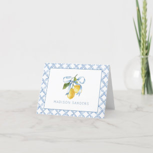 Watercolor Blue Bow Lemons Personalized Letterpress Thank You Card