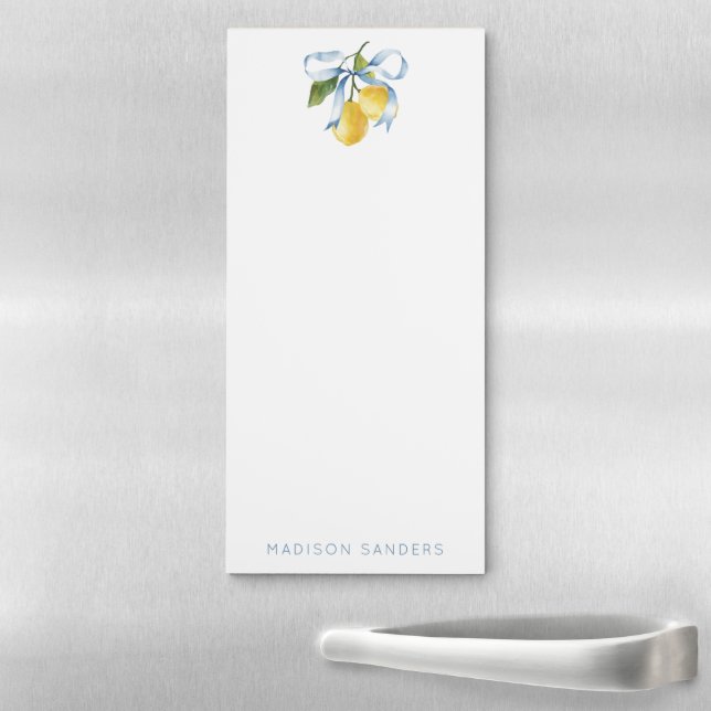Watercolor Blue Bow Lemons Personalized Magnetic Notepad (In Situ)