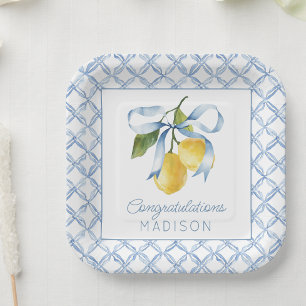 Watercolor Blue Bow Lemons Personalized Paper Plates