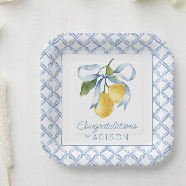 Watercolor Blue Bow Lemons Personalized Paper Plates (Creator Uploaded)