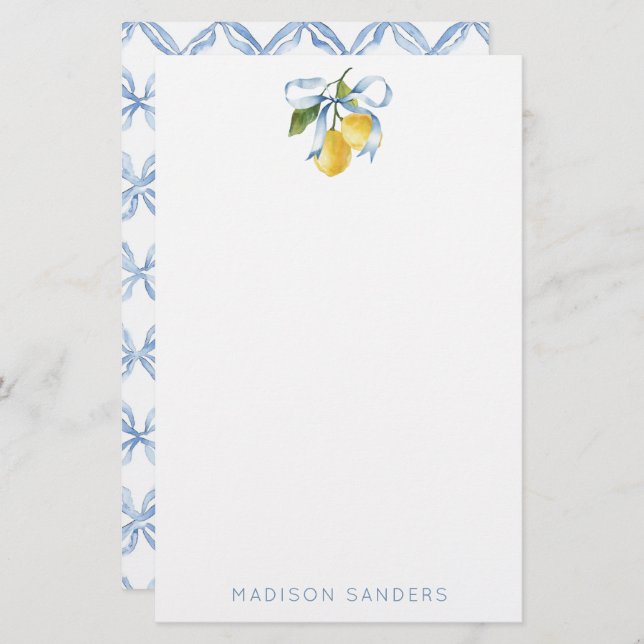 Watercolor Blue Bow Lemons Personalized Stationery (Front/Back)