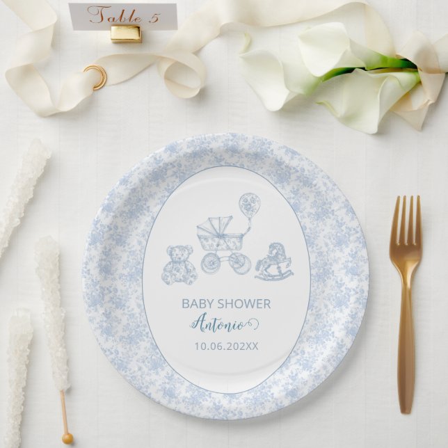   Watercolor  Blue Bow Toys Boy baby shower Paper Plates (Wedding)