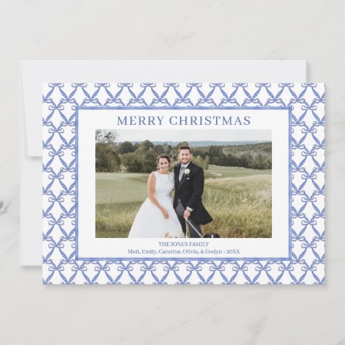 Watercolor Blue Bow Traditional Vintage Christmas  Holiday Card
