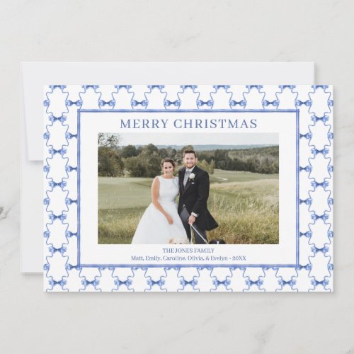 Watercolor Blue Bow Traditional Vintage Christmas  Holiday Card