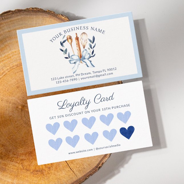 Watercolor Blue Bow Utensils Cooking Bakery Loyalty Card (Blue Bow utensils cooking bakery loyalty card)