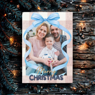 Watercolor Blue Bow Vintage Christmas Photo Holiday Card