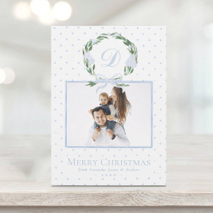 Watercolor Blue Bow Wreath Elegant Photo Christmas Holiday Card