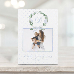 Watercolor Blue Bow Wreath Elegant Photo Christmas Holiday Card