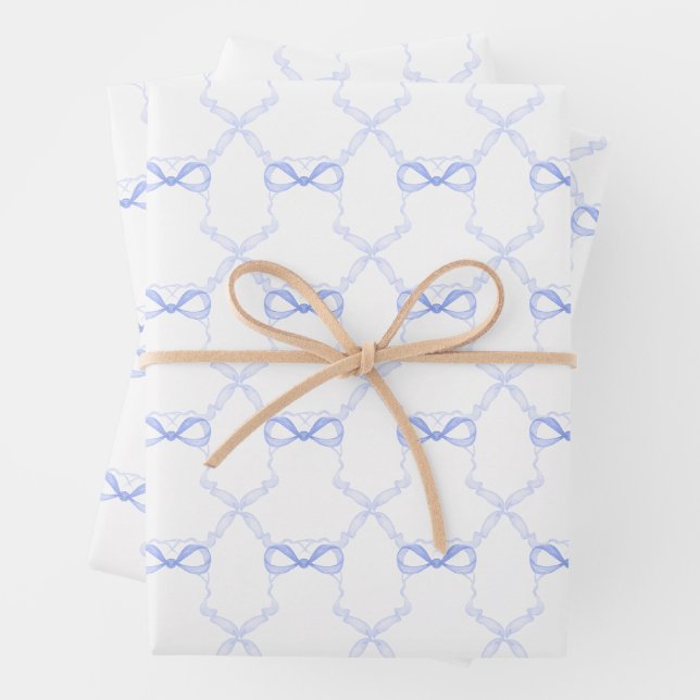 Watercolor Blue Bows Wrapping Paper Sheets (In situ)