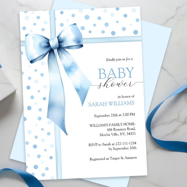 Watercolor Blue Boy Bow Baby Shower Invitation (Creator Uploaded)