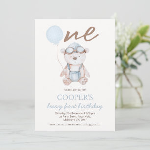 Watercolor Blue Brown Beary First Birthday  Invitation