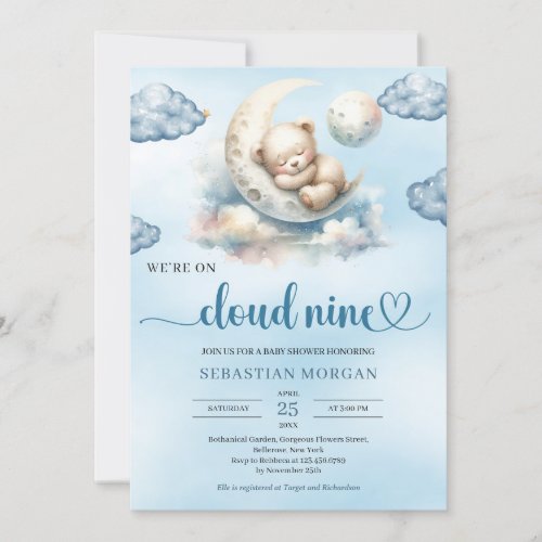 Watercolor blue brown teddy bear cloud nine invite