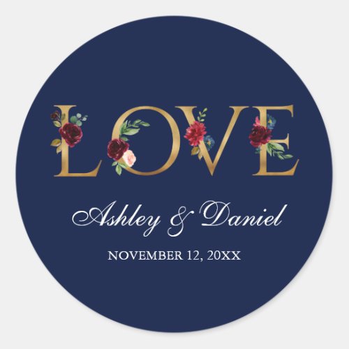 Watercolor Blue Burgundy Floral Gold Love Wedding Classic Round Sticker