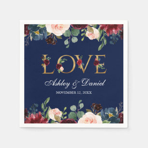 Watercolor Blue Burgundy Floral Gold Love Wedding Napkins