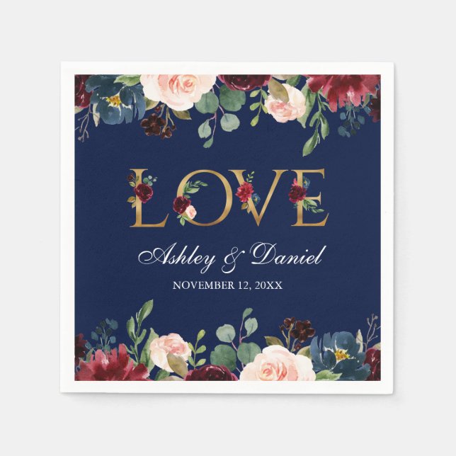 Watercolor Blue Burgundy Floral Gold Love Wedding Napkins (Front)