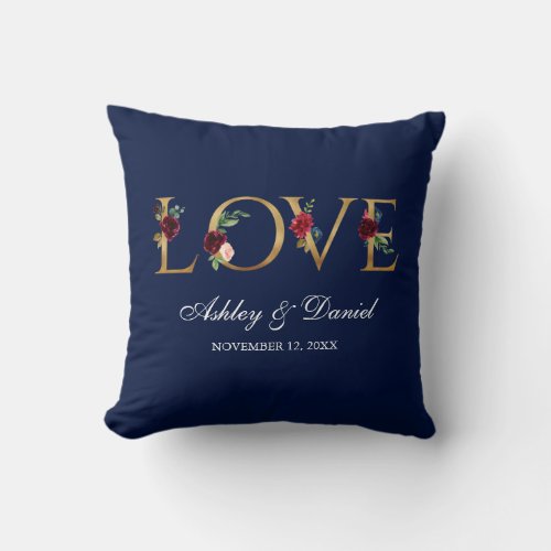 Watercolor Blue Burgundy Floral Gold Love Wedding Throw Pillow