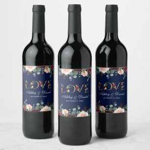 Watercolor Blue Burgundy Floral Gold Love Wedding Wine Label