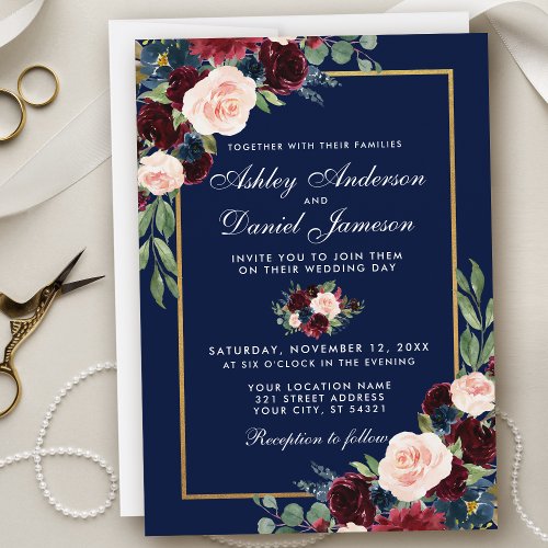 Watercolor Blue Burgundy Floral Gold Wedding Invitation