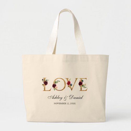 Watercolor Blue Burgundy Floral Love Gold Wedding Large Tote Bag