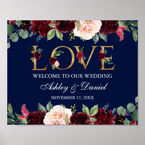 Watercolor Blue Burgundy Floral Love Wedding Gold Poster