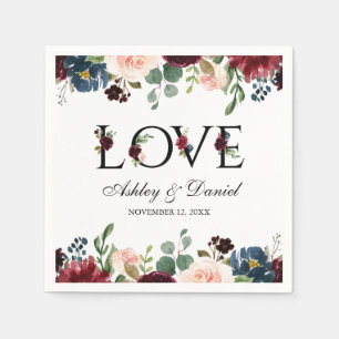 Watercolor Blue Burgundy Floral Love Wedding Napkins