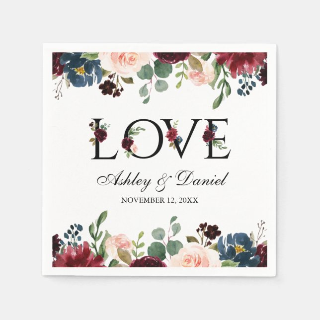 Watercolor Blue Burgundy Floral Love Wedding Napkins (Front)