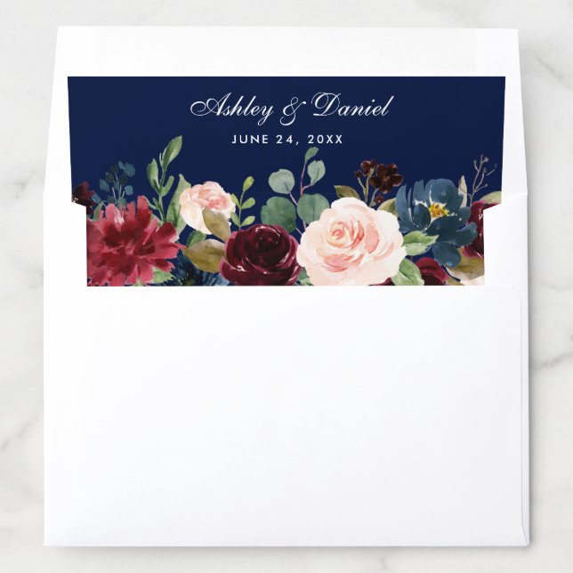 Watercolor Blue Burgundy Floral Wedding Names Envelope Liner (In Envelope)