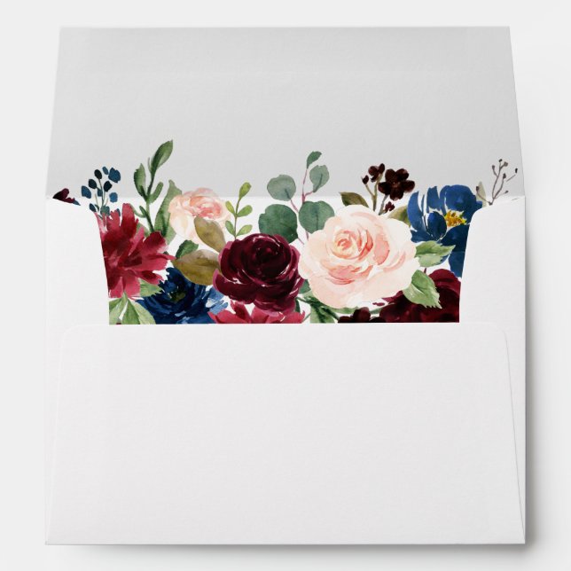 Watercolor Blue Burgundy Pink Floral Wedding Envelope (Back (Bottom))