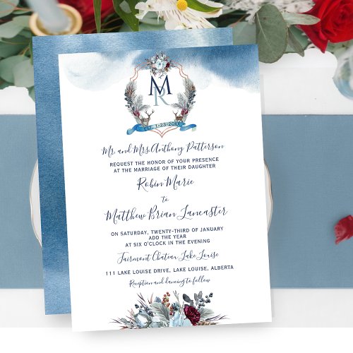 Watercolor Blue Burgundy Purple Floral and Crest Invitation