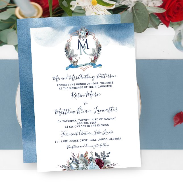 Watercolor Blue Burgundy Purple Floral and Crest Invitation (Creator Uploaded)