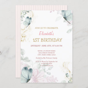 Watercolor Blue Butterflies Pink Stripe Birthday Invitation