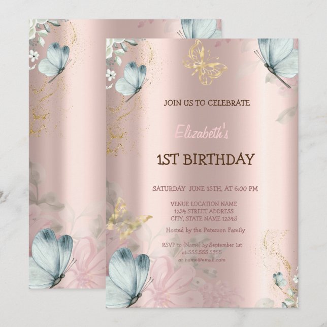 Watercolor Blue Butterflies Rose Gold Birthday  Invitation (Front/Back)