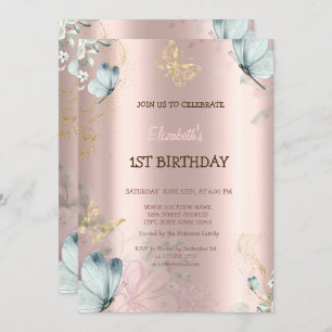 Watercolor Blue Butterflies Rose Gold Birthday Invitation