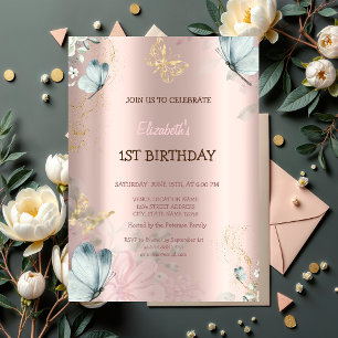 Watercolor Blue Butterflies Rose Gold Birthday  Invitation