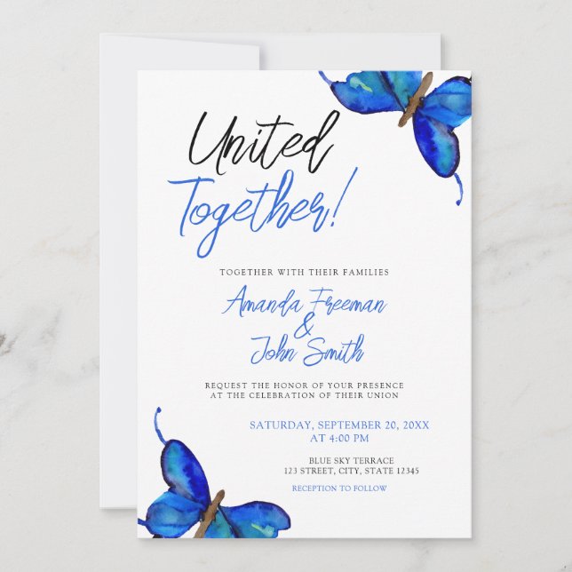 Watercolor Blue Butterflies Stunning Wedding Invitation (Front)